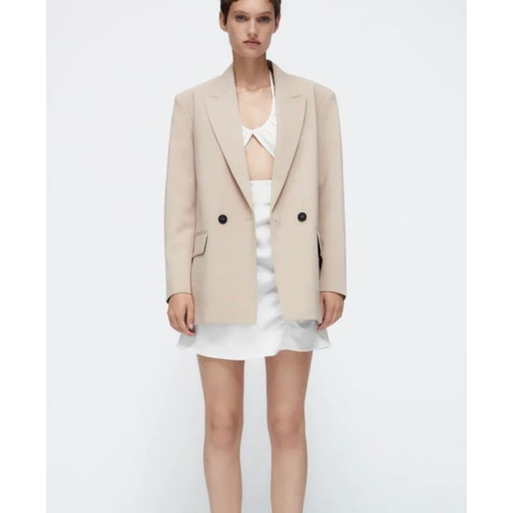 ZARA Oversized Double Breasted Blazer Womens Small Tan Long Sleeve Peaked Lapel - Picture 3 of 16